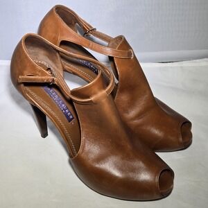 RALPH LAUREN Purple Label Strappy Sandal Peep Toe High Heel Brown Leather  7B